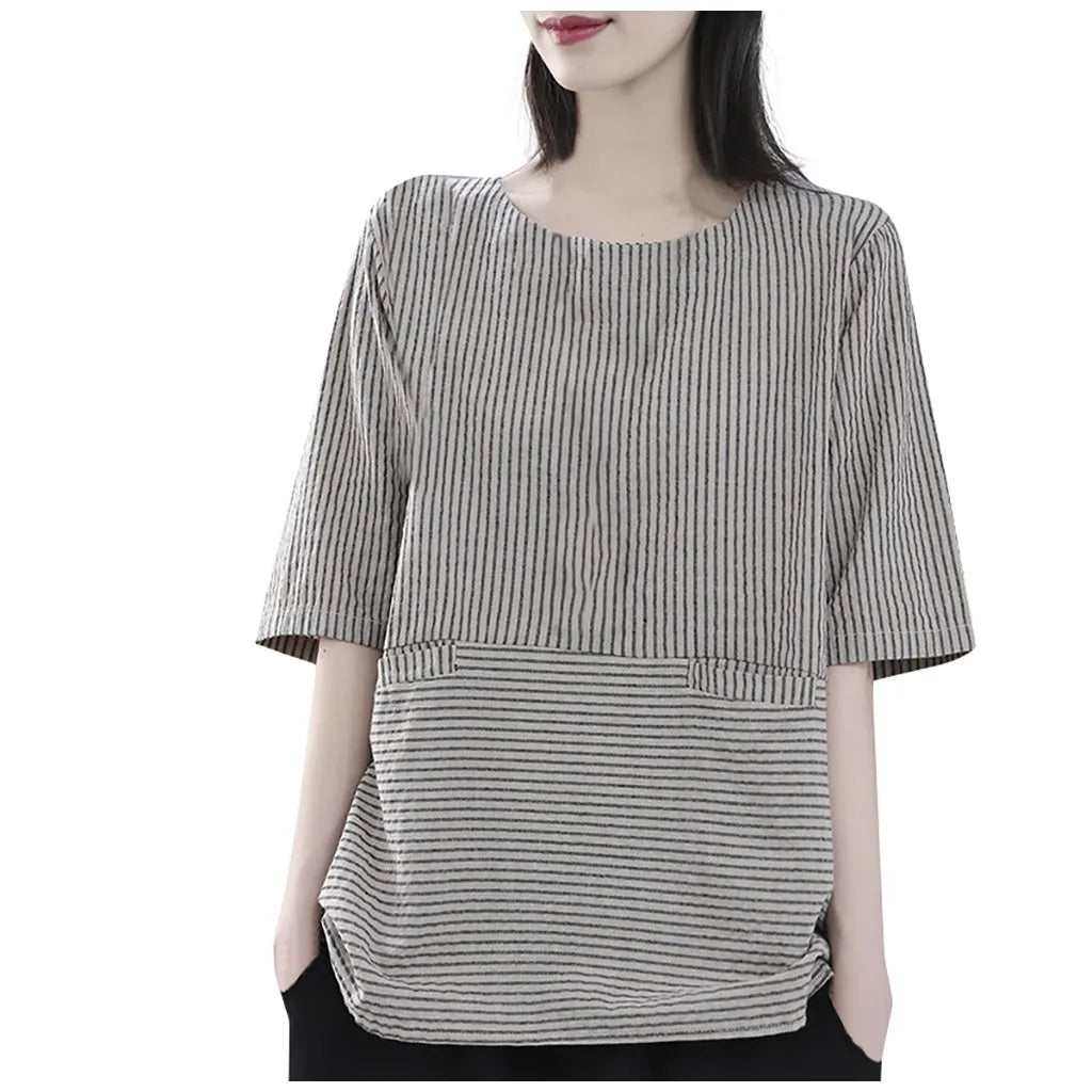 Women's Tops Fashion Loose Casual Vintage Stripe Print Floral Short Sleeves Top Blouse