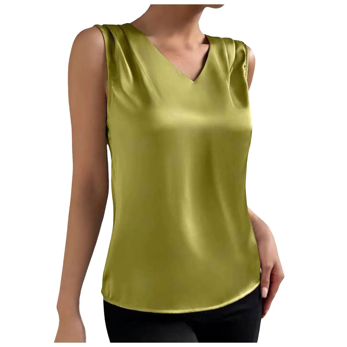 Coffee Tops For Women Summer V Neck Casual Soild Color Satin Sleeveless Basic Vest Shirt Fashionable Simple Apparel Shirts