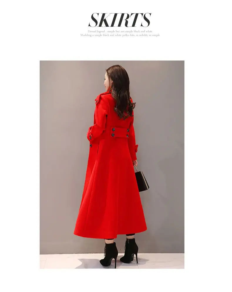Women's Long Woolen Coat 2023 Spring Autumn New Korean Waist Slimming Over-Knee Thick Keep Warm Woolen Coat Lady Overcoat