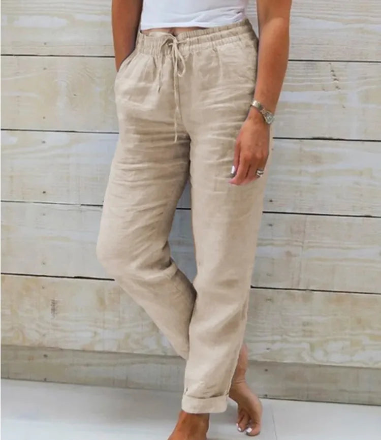 2025 Women's New Cotton And Linen Trousers Women's High Waist Elastic Casual Trousers Fashionable Street Breathable Loose Pants