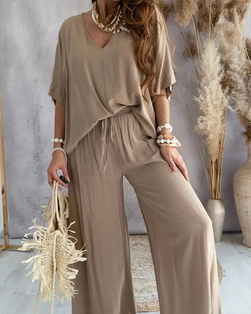 Women's Summer Trousers Suit V-neck Bat Sleeve Casual Top Lace-up Trousers Loose Solid Color Suit Two-piece Set