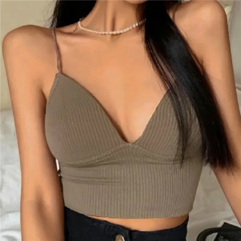 Women Tops Sexy Solid Crop Top Women Tank Tops Sleeveless Slim Camis With Bra Basic Underwear Padded Bra Tops Women Sports Bra