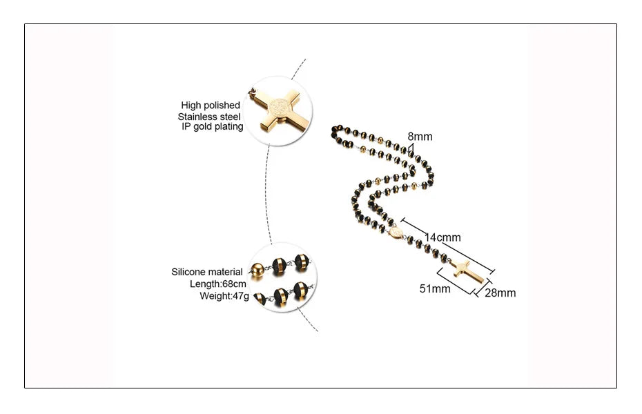 Long Chain Rosary Necklace for Men Women,Stainless Steel Bead Chain Cross Pendant Jewelry