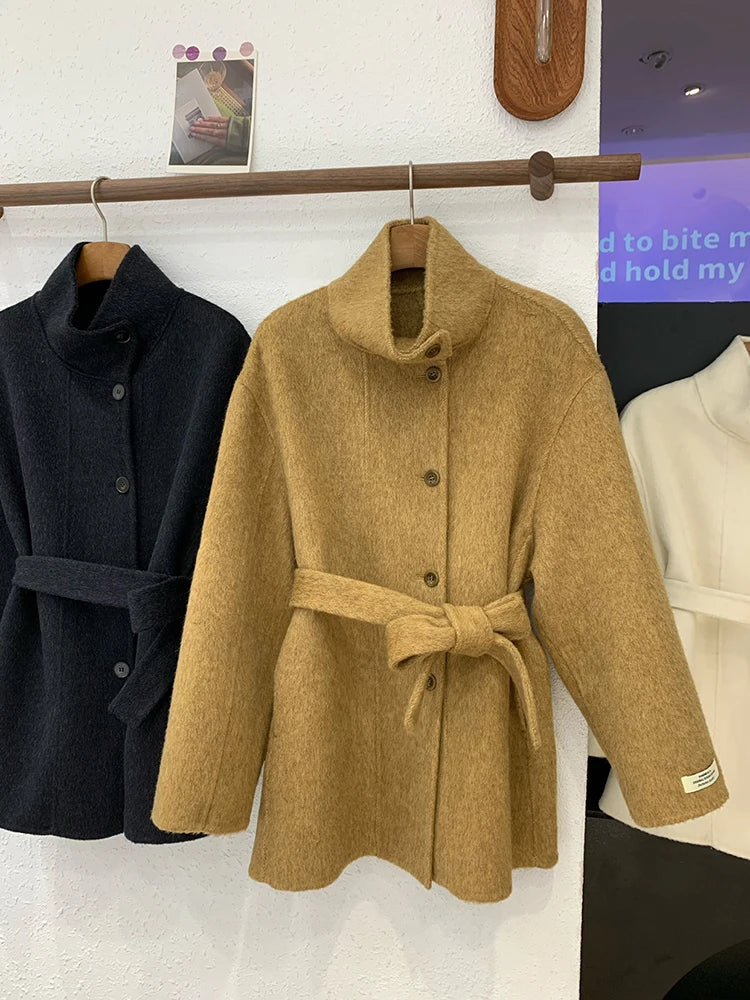 Double Sided Cashmere Coat For Women Winter Temperament Stand Collar Tied Woolen Overcoat Female Loose Waist Woolen Clothes
