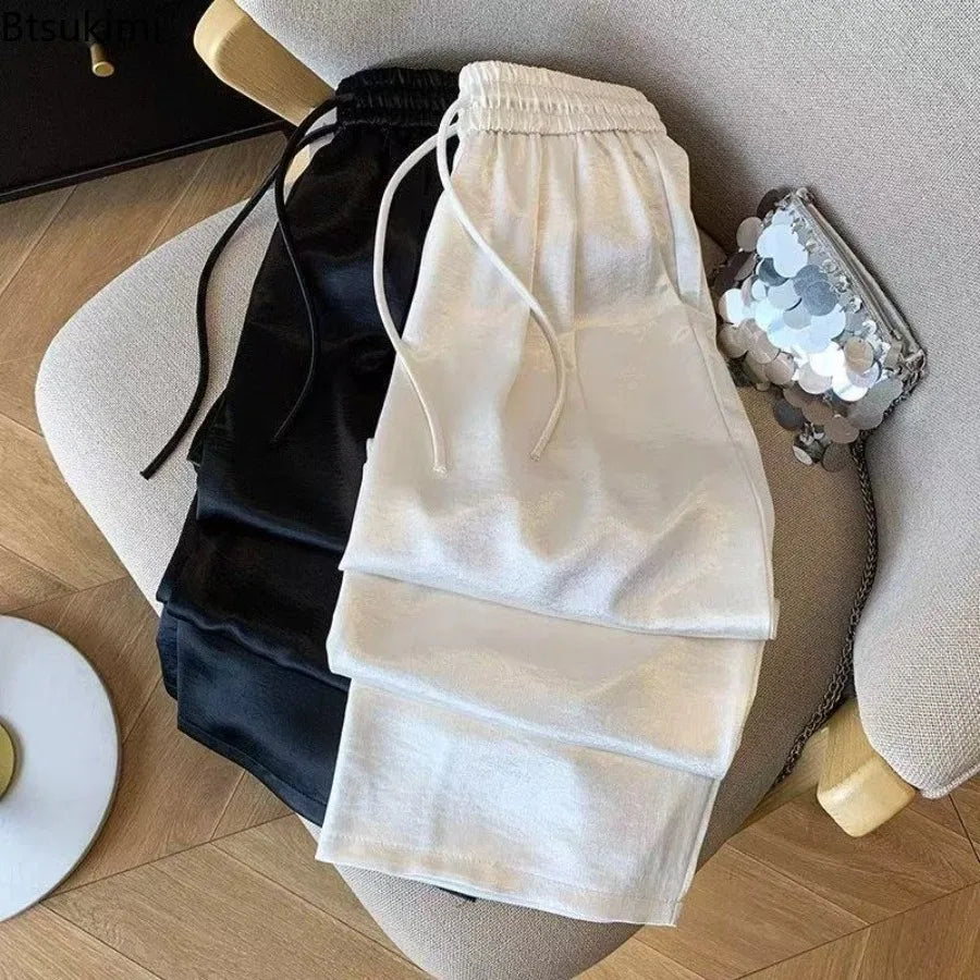 2025 Women's Loose Casual Trousers Summer New Lightweight Satin High Waist Wide Leg Pants Vintage All-match Straight Pants Femme