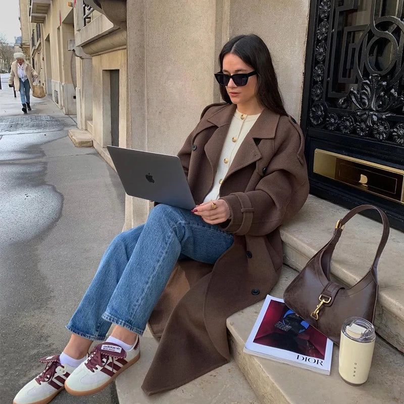 Woolen Breasted Long Coat Women Lapel Double Breasted Casual Pocket Chic Elegant Outwear Autumn Winter Street Lady Overcoat
