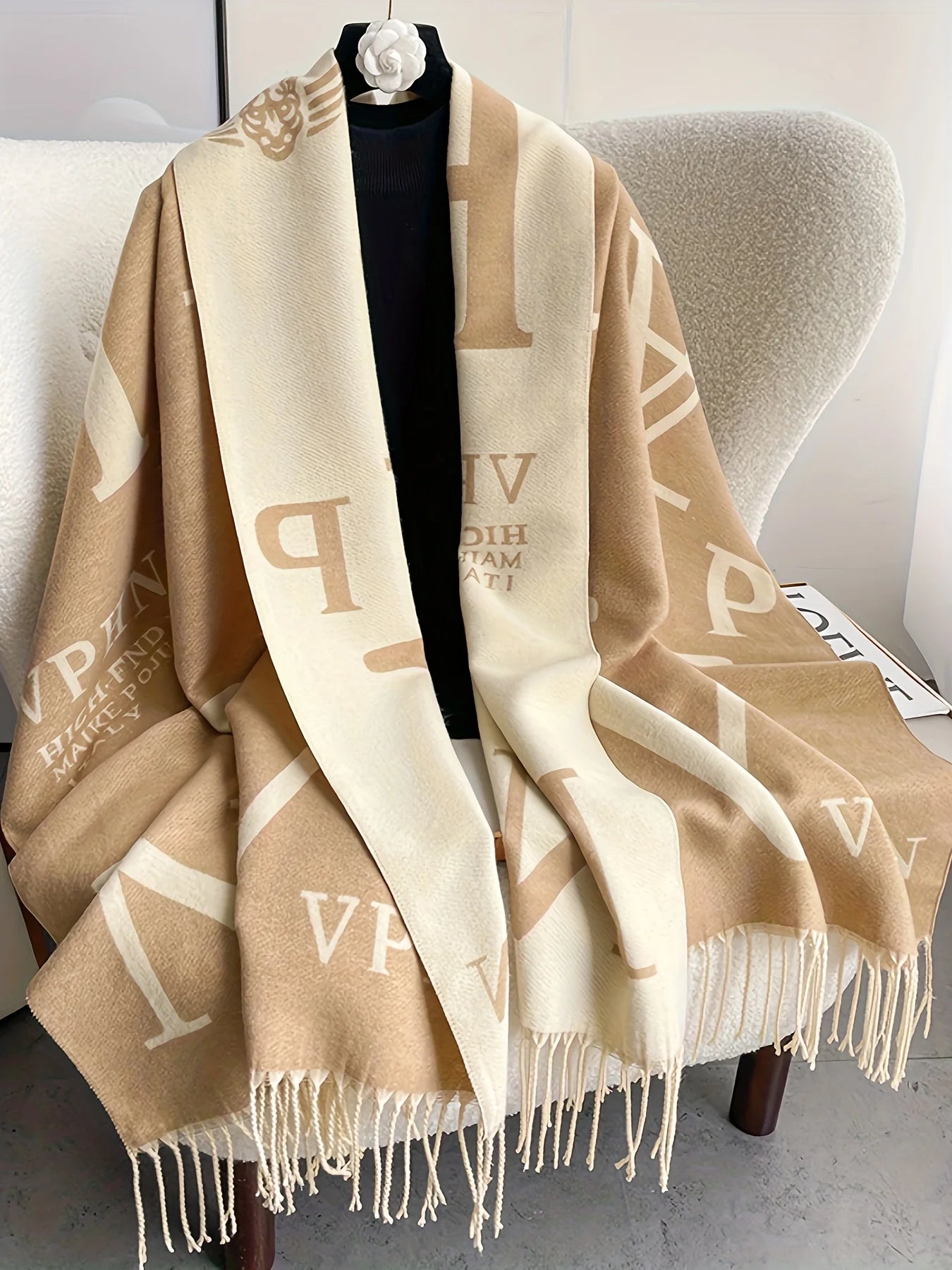 Large-sized elegant coat, women's coat with alphabet print, fringed batwing sleeves, open front, shawl style
