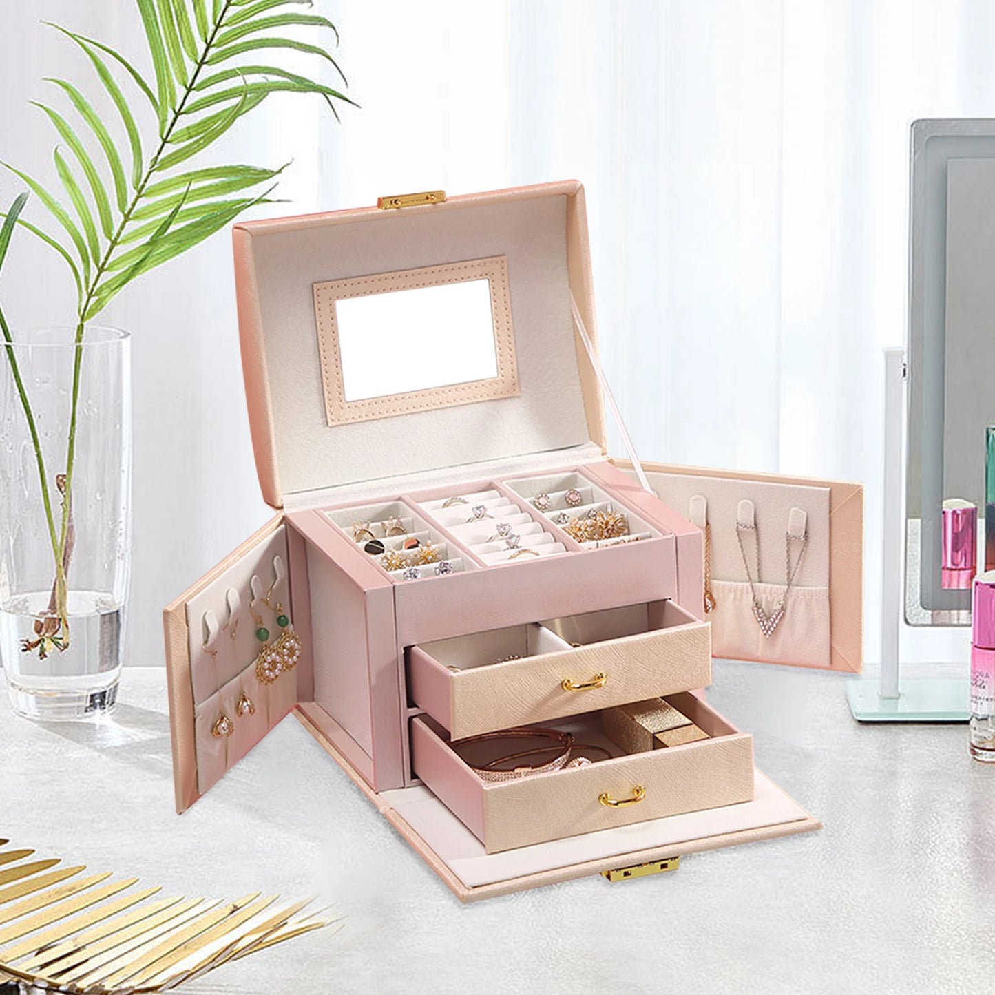 Jewelry Box for Women 3 Layers Large Jewelry Organizer with velvet Travel Jewelry Storage Organizer for Earring Ring Necklace