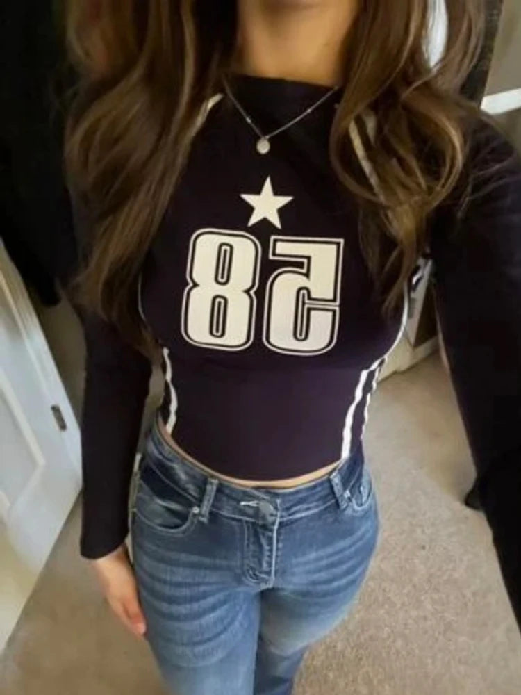 Gothic Women's Long sleeved Open Umbilical Dress Letter Printing Casual Korean Women's Top Y2k Clothing EMO