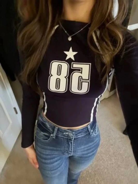 Gothic Women's Long sleeved Open Umbilical Dress Letter Printing Casual Korean Women's Top Y2k Clothing EMO