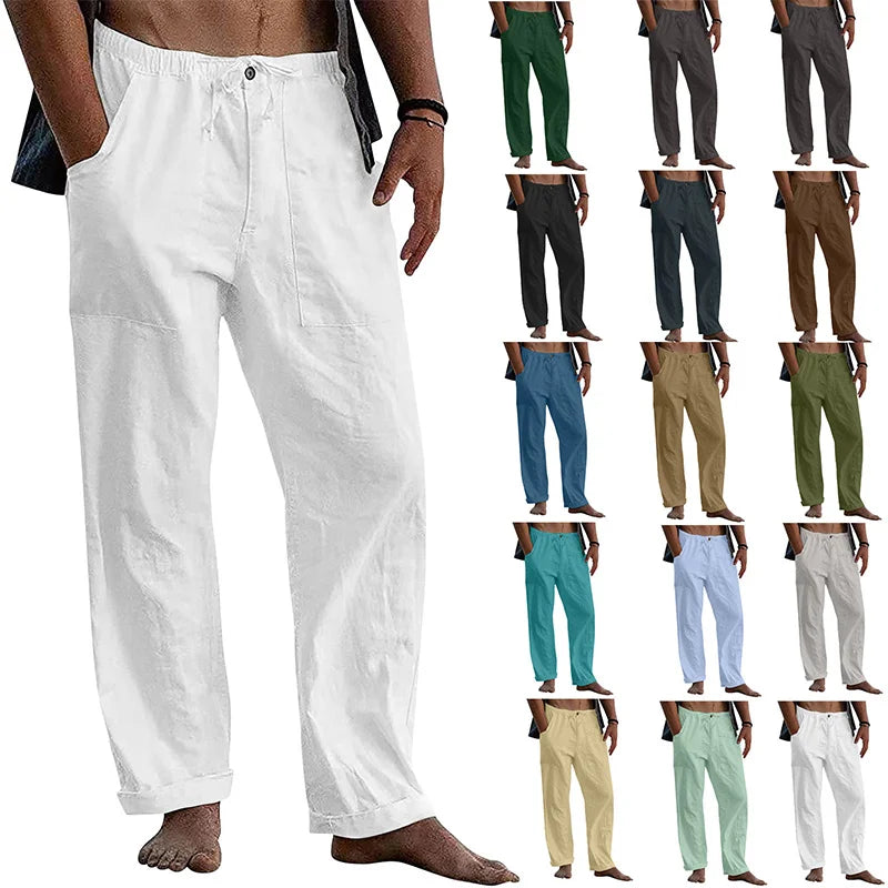Men's Casual Trousers Home Pants 2023 New Man Cotton Linen Large Size white Straight trousers Solid Beach black Fitness Pants