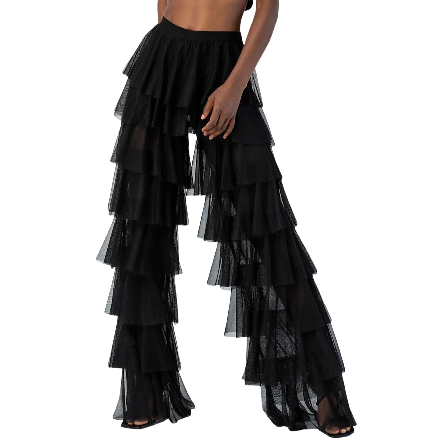 Women's Tiered Ruffled Tulle Pants Cover Up Pants Loose Sheer Layered Tulle Loose Long Trousers Layered Pants Streetwear