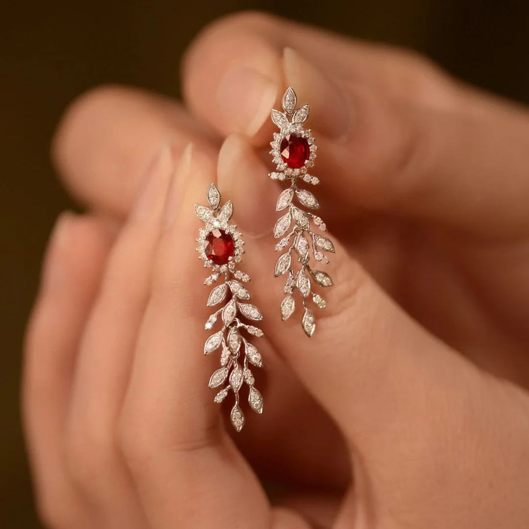 925 silver vintage exquisite style red gemstones tassels earings stud gorgeous luxury long earrings for women wedding jewelry