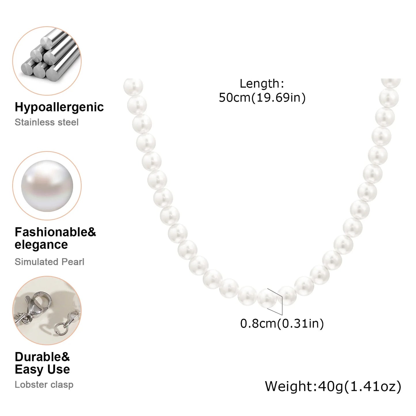 Pearl Necklace for Men,Simple Handmade Strand Bead Collars,Trendy Wedding Banquet Jewelry