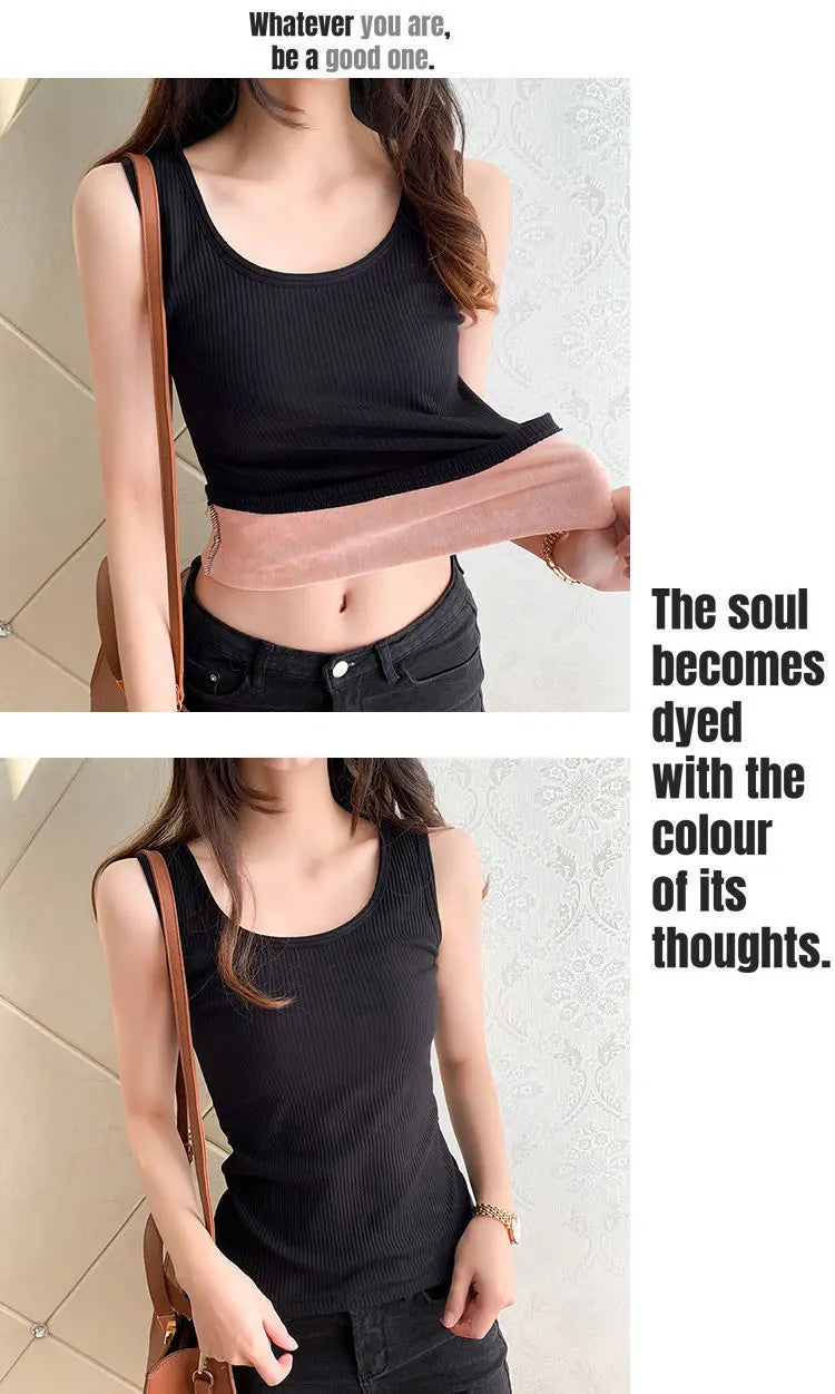 Women's Winter Thermal Underwear Top Seamless Plus Velvet Shirt Sleeveless Vest Warm Female Undershirt Solid Color Sexy Lingerie