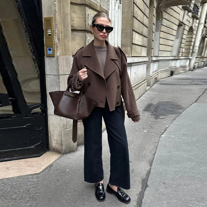 Woolen Breasted Long Coat Women Lapel Double Breasted Casual Pocket Chic Elegant Outwear Autumn Winter Street Lady Overcoat