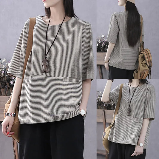 Women's Tops Fashion Loose Casual Vintage Stripe Print Floral Short Sleeves Top Blouse