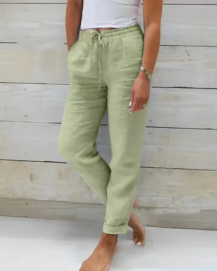 2025 Women's New Cotton And Linen Trousers Women's High Waist Elastic Casual Trousers Fashionable Street Breathable Loose Pants