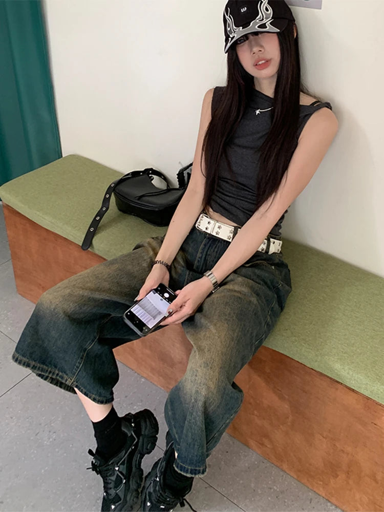 Women's Aesthetic Retro Wide Leg Denim Trouser Harajuku High Street High Waist Loose Jeans 2024 Spring Baggy Casual Fashion Pant