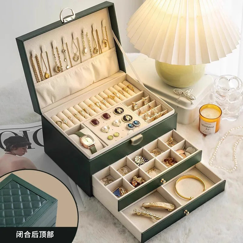 Jewelry storage box, high-end exquisite necklace earrings, gold jewelry box, large capacity multi-layer jewelry box