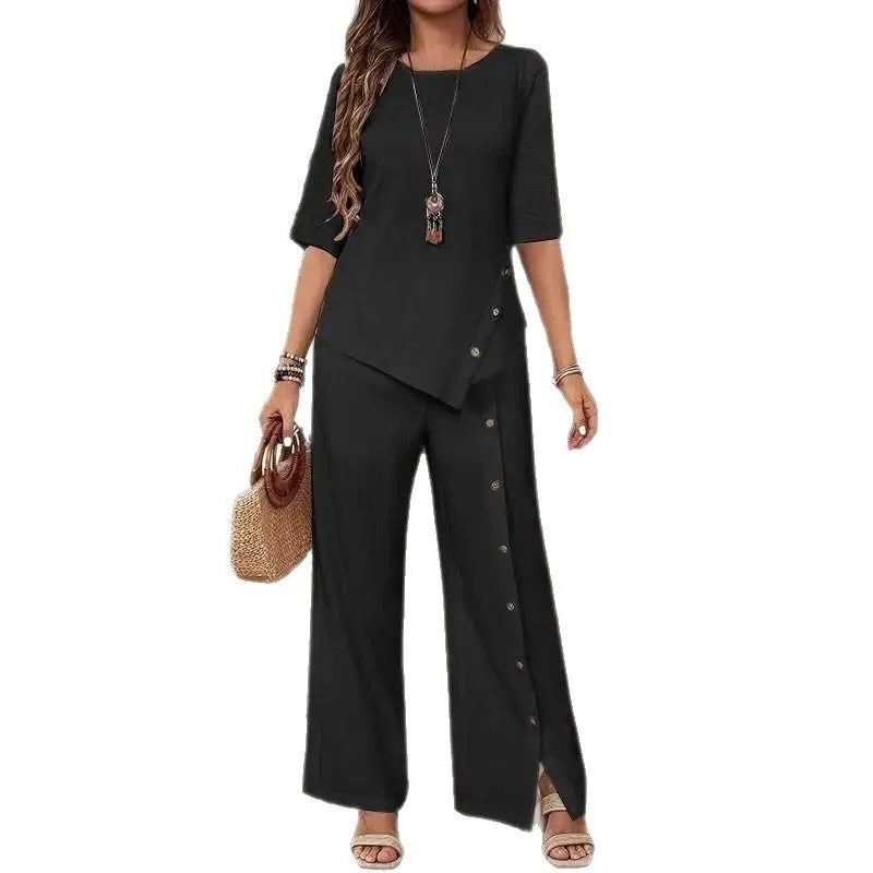 Women's Irregular Hem Trousers Set Summer Elegant Fashion Casual Button Short-sleeved Shirt Loose Casual Trousers Two-piece Set