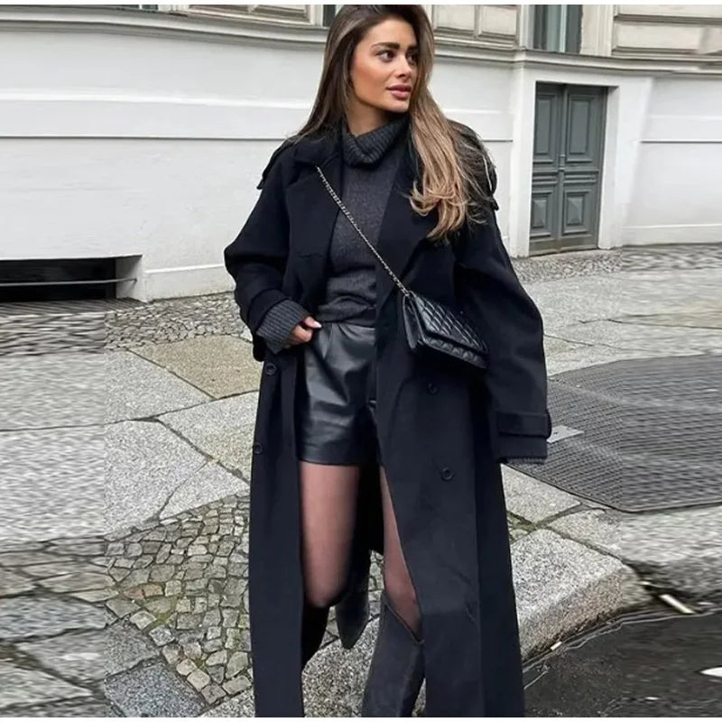 Woolen Breasted Long Coat Women Lapel Double Breasted Casual Pocket Chic Elegant Outwear Autumn Winter Street Lady Overcoat