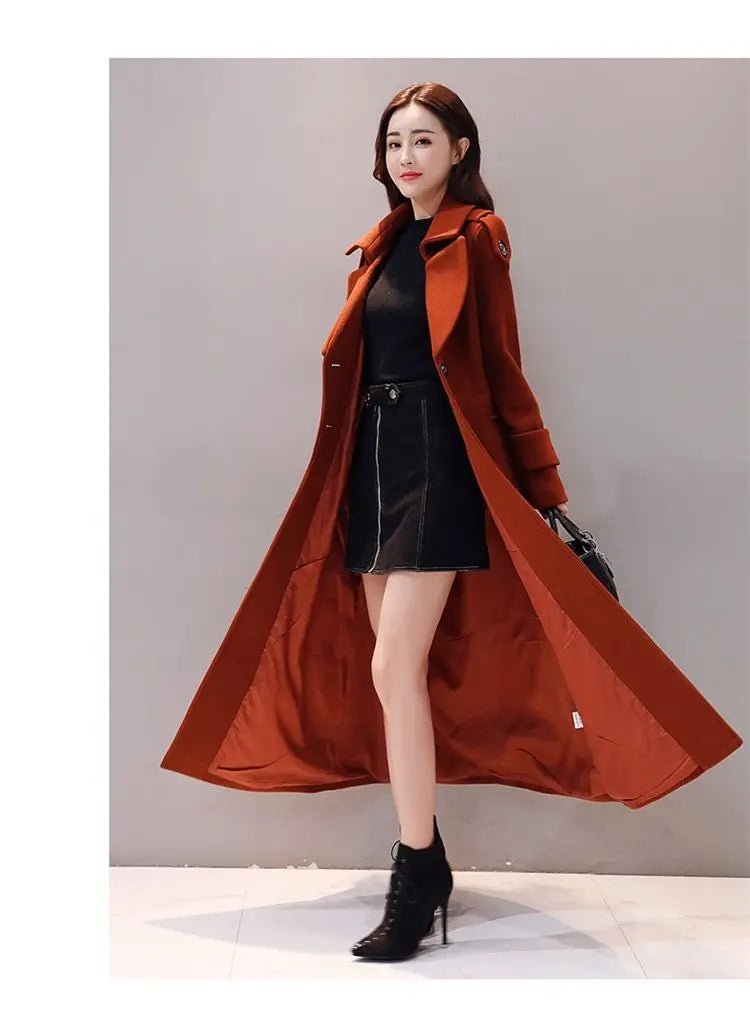 Women's Long Woolen Coat 2023 Spring Autumn New Korean Waist Slimming Over-Knee Thick Keep Warm Woolen Coat Lady Overcoat