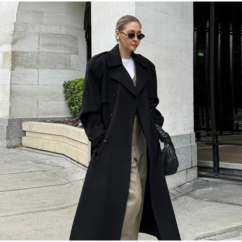 Woolen Breasted Long Coat Women Lapel Double Breasted Casual Pocket Chic Elegant Outwear Autumn Winter Street Lady Overcoat