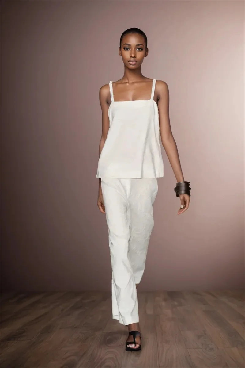 Women's suit New Summer 2025 White Camisole Wide-leg Pants Set Embroidered Trim Sexy Casual Personality Fashion