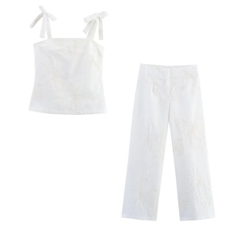 Women's suit New Summer 2025 White Camisole Wide-leg Pants Set Embroidered Trim Sexy Casual Personality Fashion