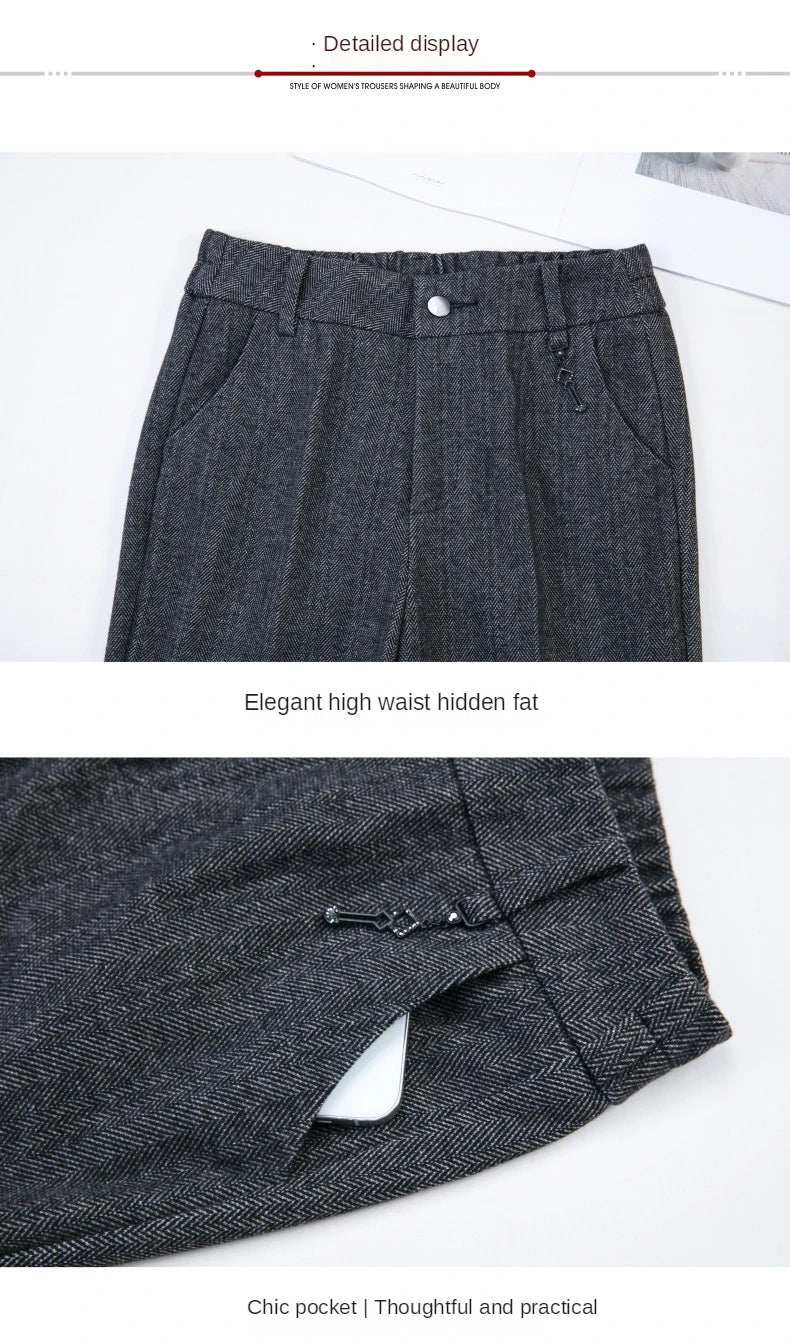 Woolen Trousers Women's Fall/winter High-waist Elastic Striped Straight-leg Pants Slim-fit Warm Trousers Pants for Women
