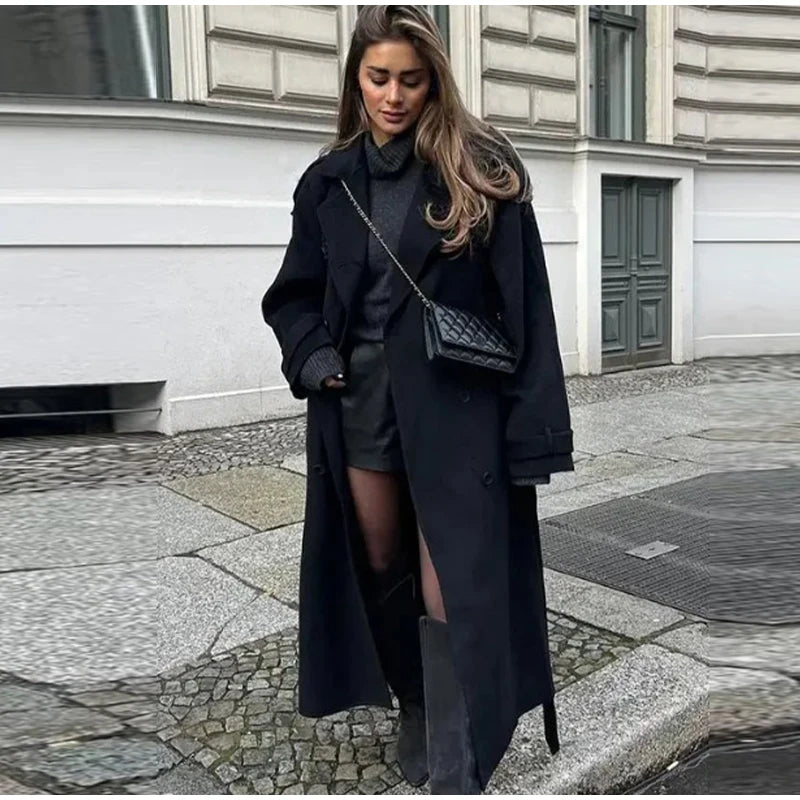 Woolen Breasted Long Coat Women Lapel Double Breasted Casual Pocket Chic Elegant Outwear Autumn Winter Street Lady Overcoat