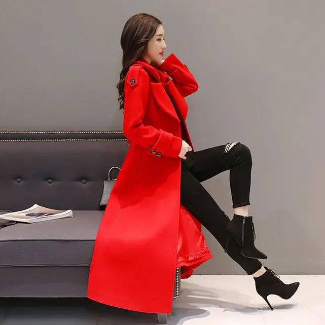 Women's Long Woolen Coat 2023 Spring Autumn New Korean Waist Slimming Over-Knee Thick Keep Warm Woolen Coat Lady Overcoat