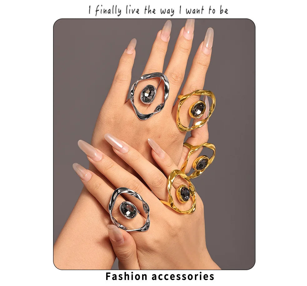 Irregular Twist Geometric Hyperbole Ring With Large Rhinestone For Women 18k Gold Plated Waterproof Women's Aesthetic Rings