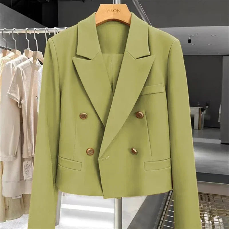 Women's Short Suit Jacket  Autumn 2025 Female Casual Suit Double-breasted Office Lady Solid Coffee Turndown Collar Blazers Women