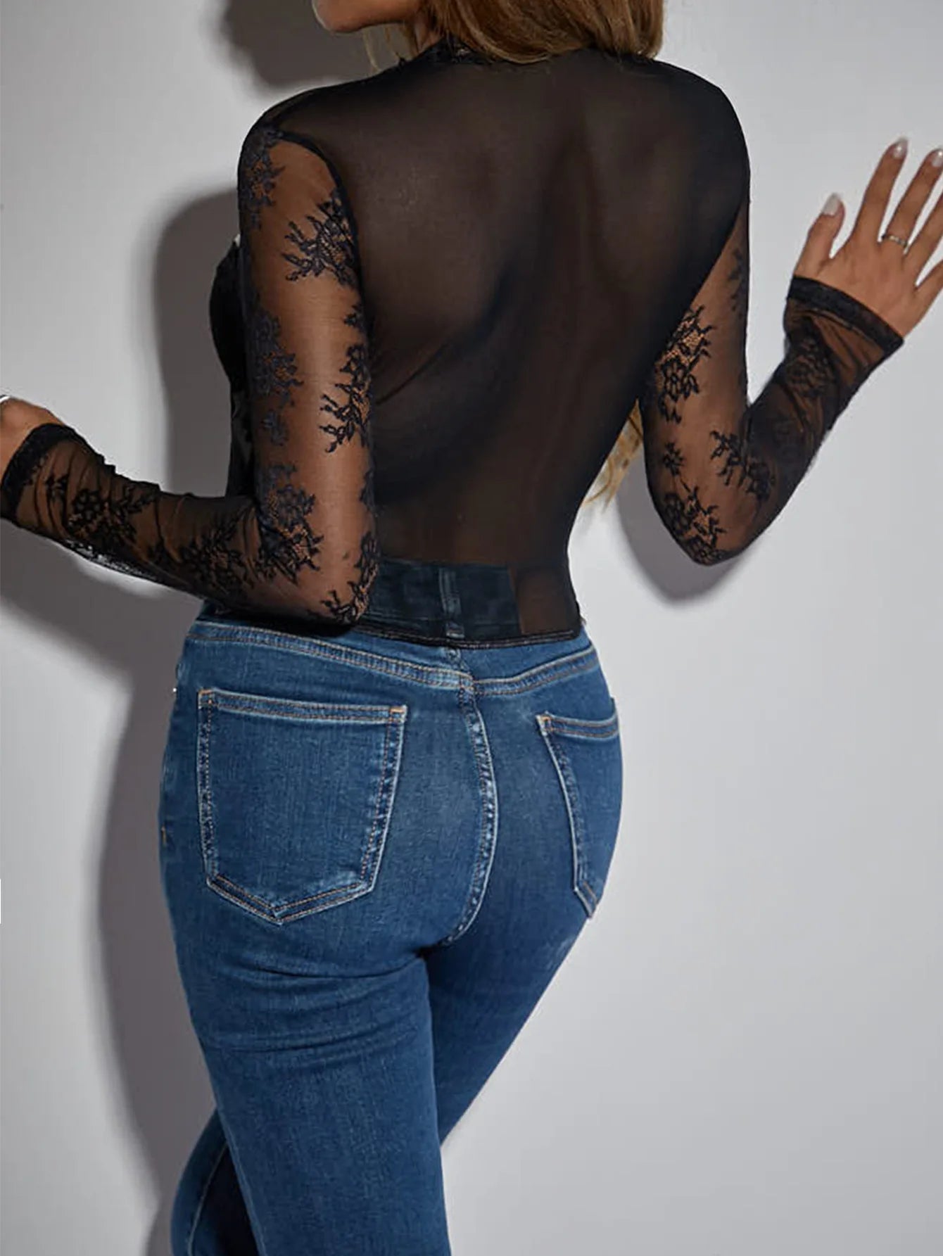 2025 Women T-Shirt Tops Casual Basic Solid Camis Slim Sexy Floral Lace Hollow Round Neck Long Sleeve See-Through Slimming Top