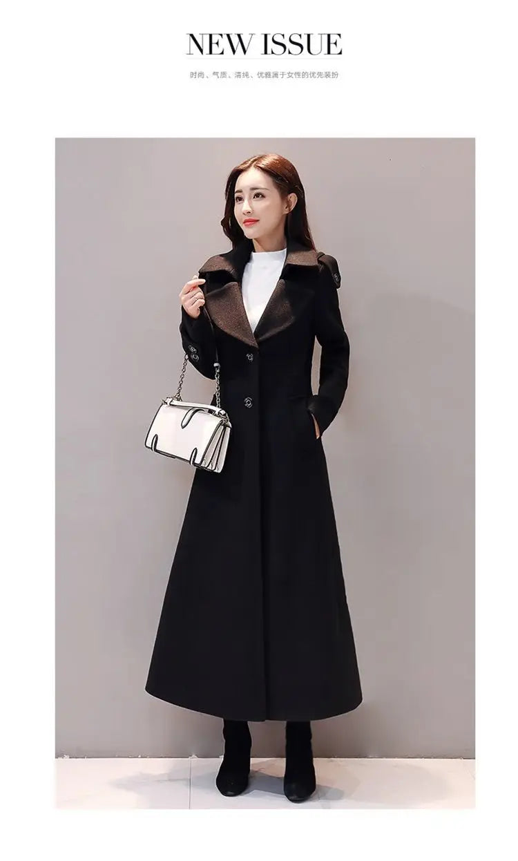 Women's Long Woolen Coat 2023 Spring Autumn New Korean Waist Slimming Over-Knee Thick Keep Warm Woolen Coat Lady Overcoat