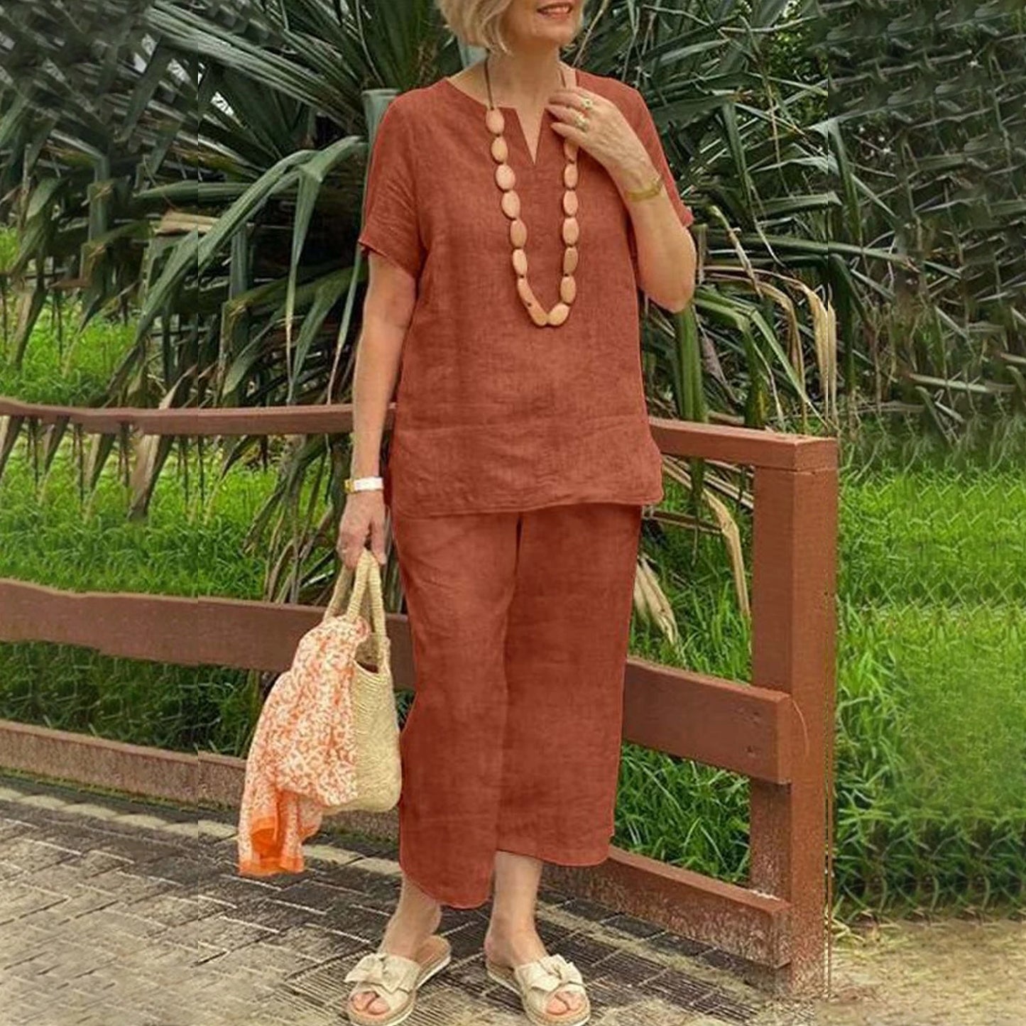 Women's Casual Suits Stylish Women's Cotton Linen Summer Suit with Wide Leg Pants Casual Loose Fit Two for Ladies for Summer