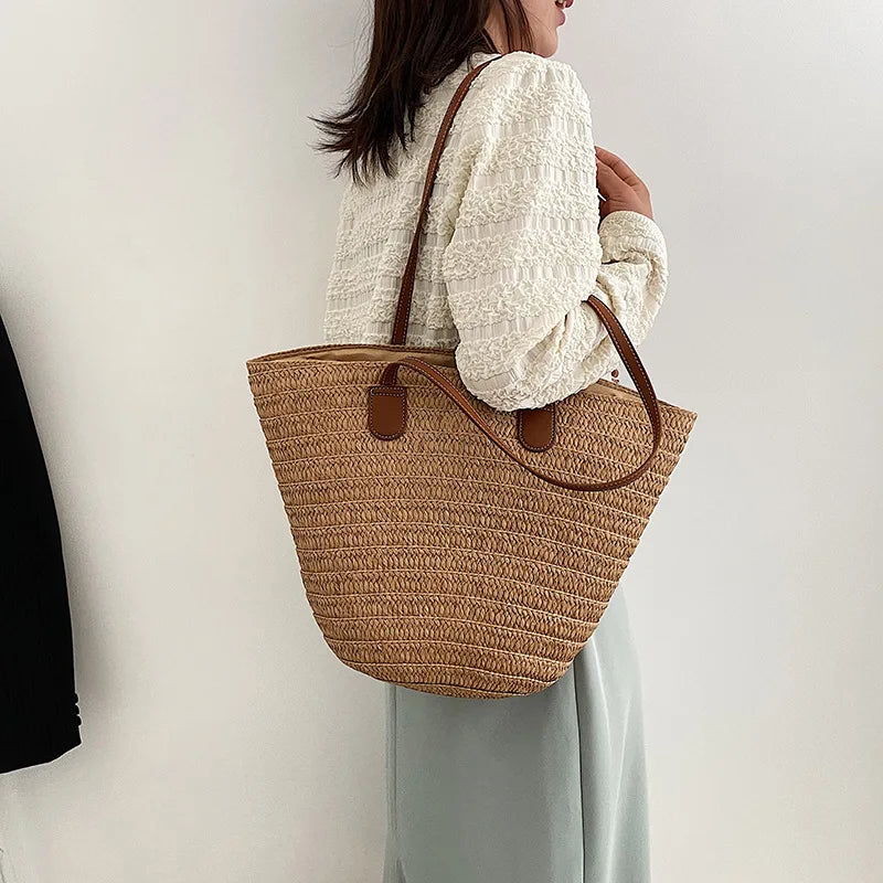 Women's Large Capacity Shoulder Bag Summer Straw Woven Basket Handbag Fashion Female Luxury Designer Beach Bag Bali Shopper Tote