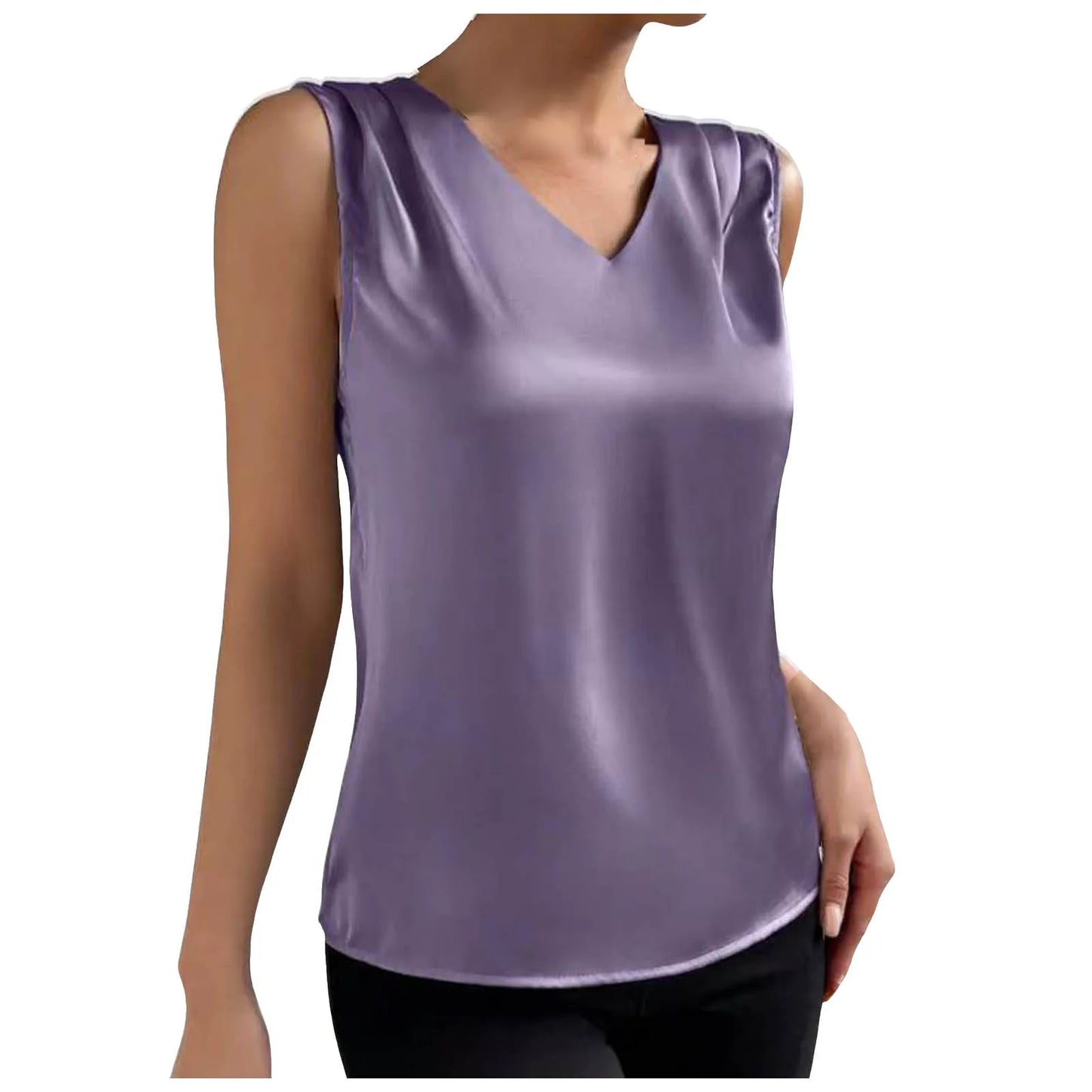 Coffee Tops For Women Summer V Neck Casual Soild Color Satin Sleeveless Basic Vest Shirt Fashionable Simple Apparel Shirts