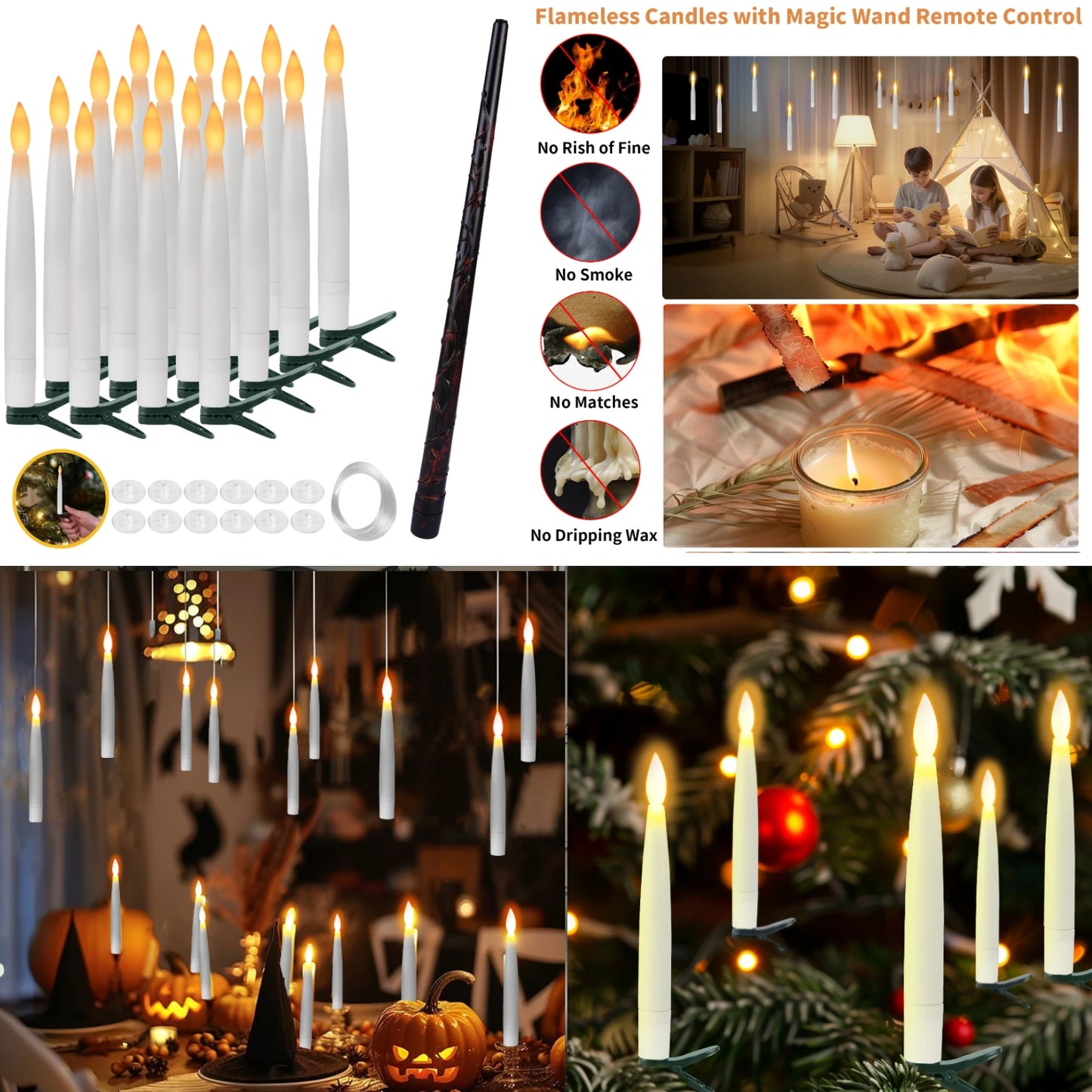 Floating Candles with Magic Wand Remote Control Flickering Warm Light Flameless Taper Candle for Christmas/Wedding/Party Home