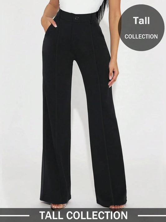 Women's Tall Casual Black Solid Color Front Button Slim Straight Leg Pants Trousers Elegant For Commuting