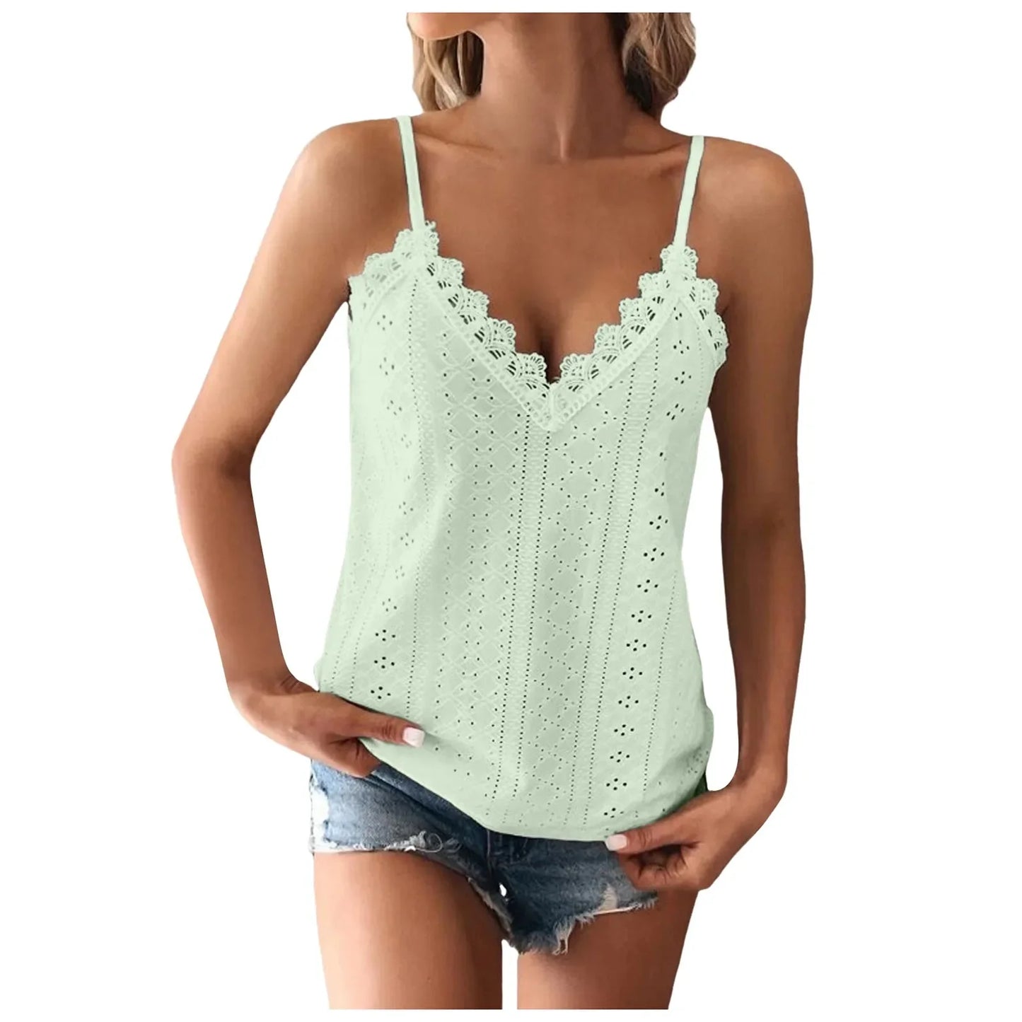 Women'S Tank Top V Neck Lace Camisole Casual Cute Summer Top Loose Fit Creme Crop Top Thin Strap Shirt Vest Clothing Woman