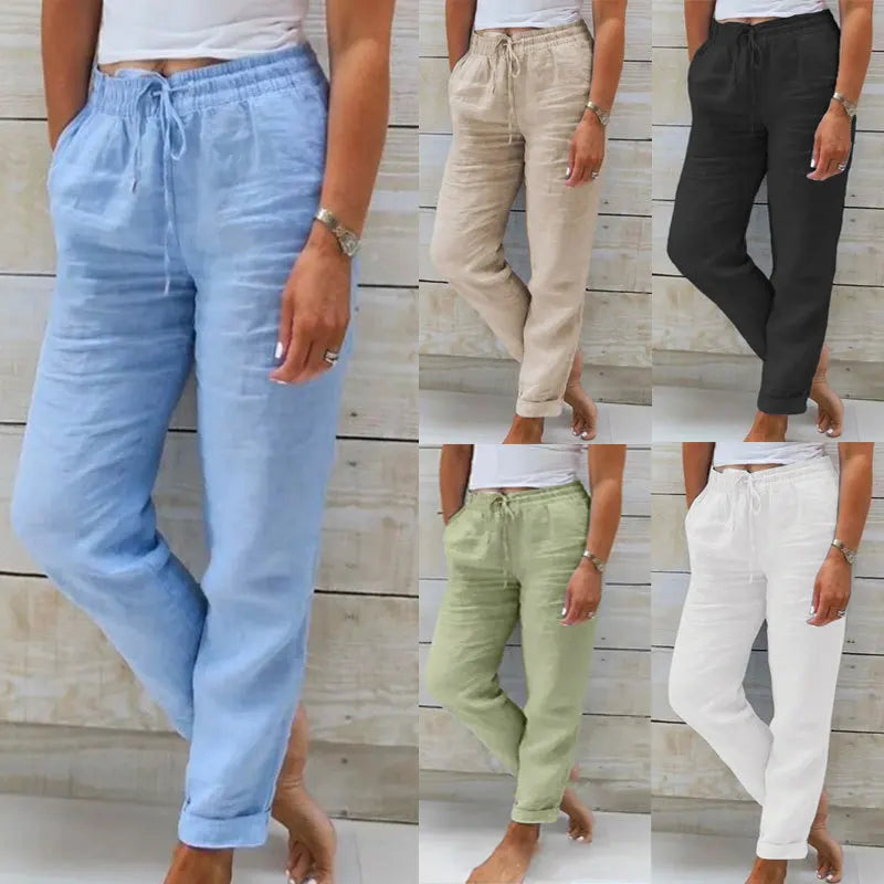 2025 Women's New Cotton And Linen Trousers Women's High Waist Elastic Casual Trousers Fashionable Street Breathable Loose Pants