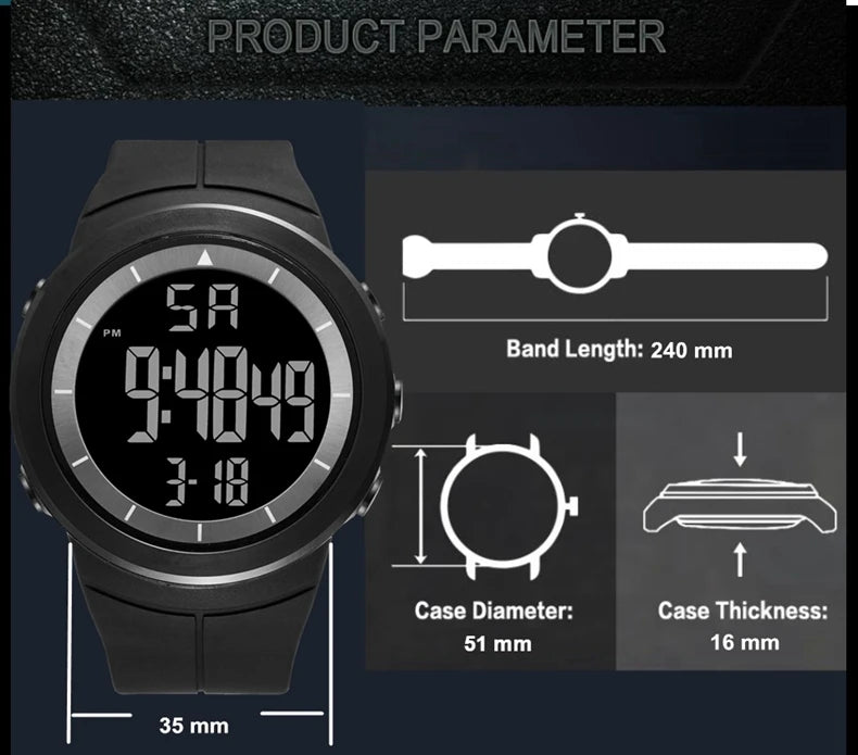 Digital Watches for Men Black 50M Diving Tactical Wristwatch Big Dial Waterproof Electronic Led Military Clocks Alarm Stopwatch