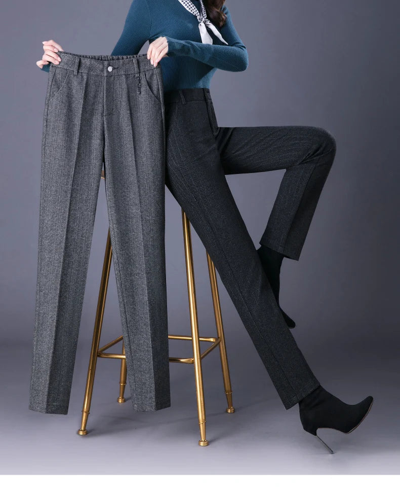 Woolen Trousers Women's Fall/winter High-waist Elastic Striped Straight-leg Pants Slim-fit Warm Trousers Pants for Women