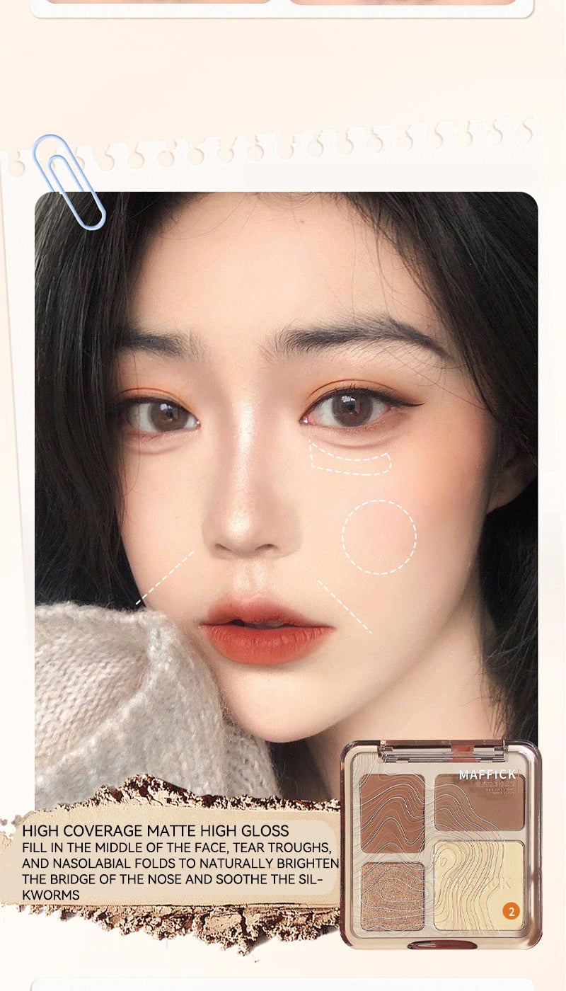 MAFFICK 4-Color Contour Palette:Matte Brightener, and Shimmer Highlight-Versatile Multi-Use Palette for Eye Shadow, Contouring,