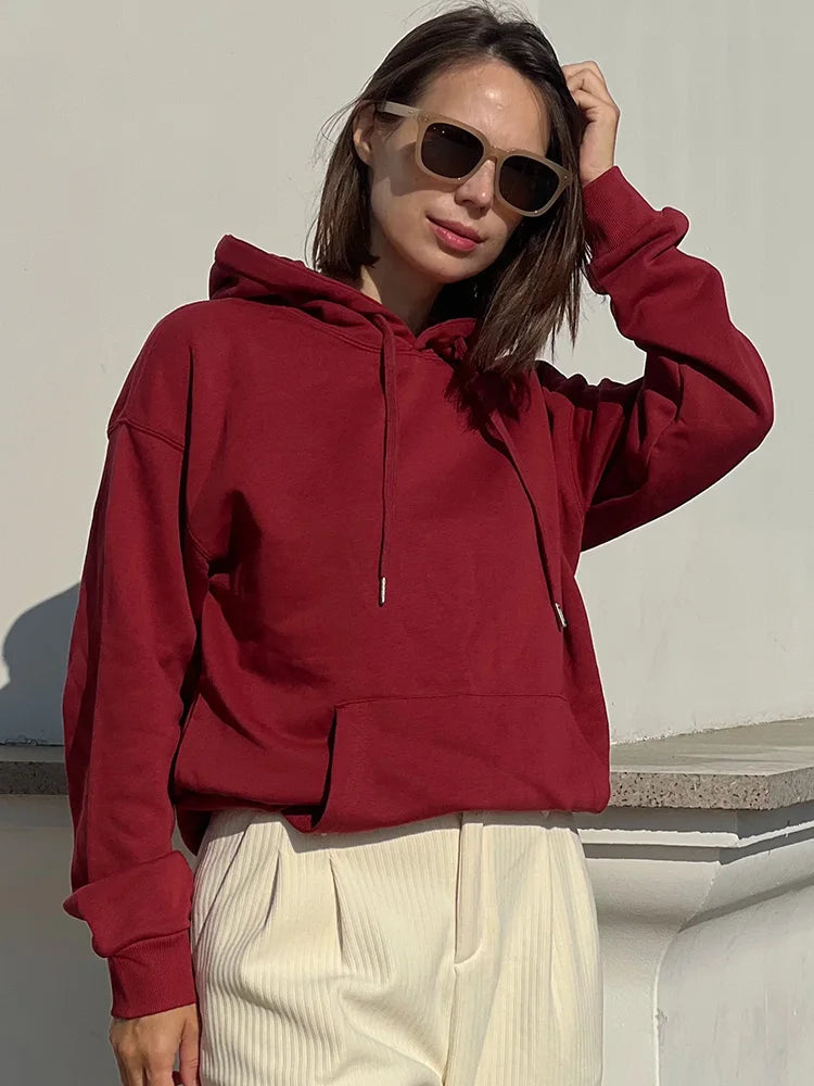 Solid Oversize Hoodies For Women Pocket Casual Loose Hooded Sweatshirt Woman Autumn Cotton Terry Hoodies Women Oversize Pullover