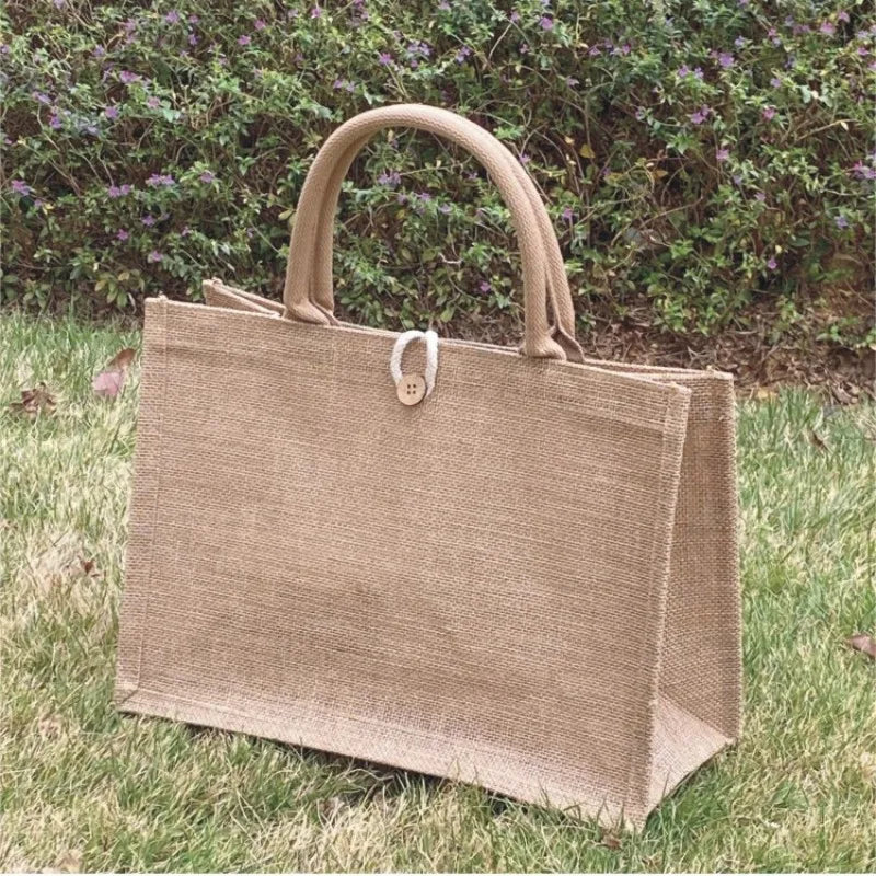 Women Linen Tote Bag Burlap Beach Eco Handbags Portable Top Handle Shopping Bag Large Simple Shoulder Bag Multiple Sizes Handbag