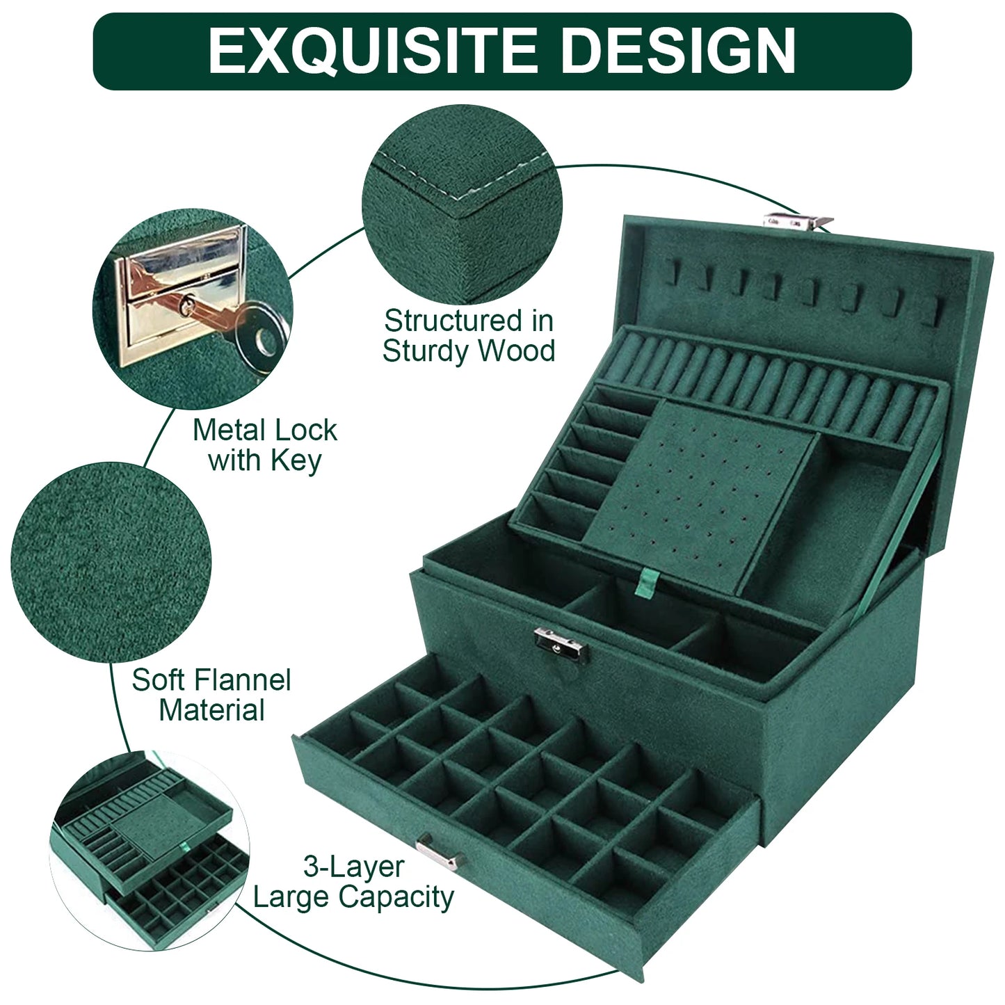 Jewelry Box for Women 3 Layers Large Jewelry Organizer with velvet Travel Jewelry Storage Organizer for Earring Ring Necklace